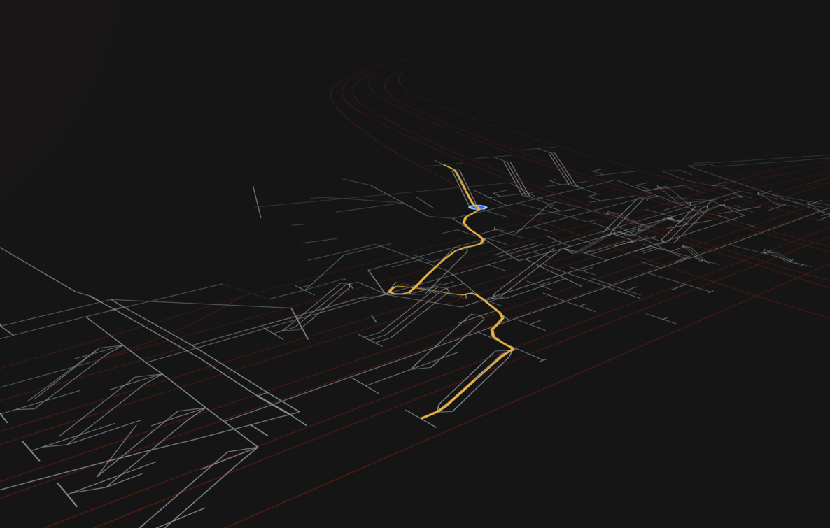 A line-only 3D view of the station route