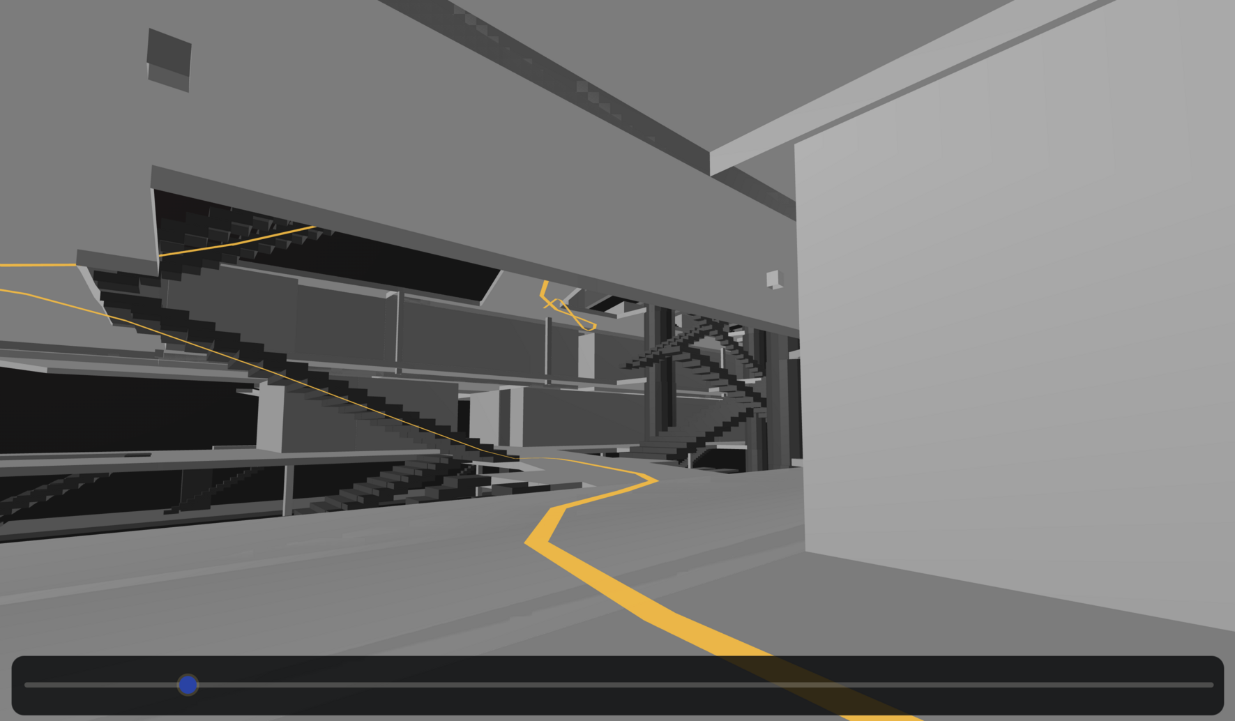 First-person view following a route through the station