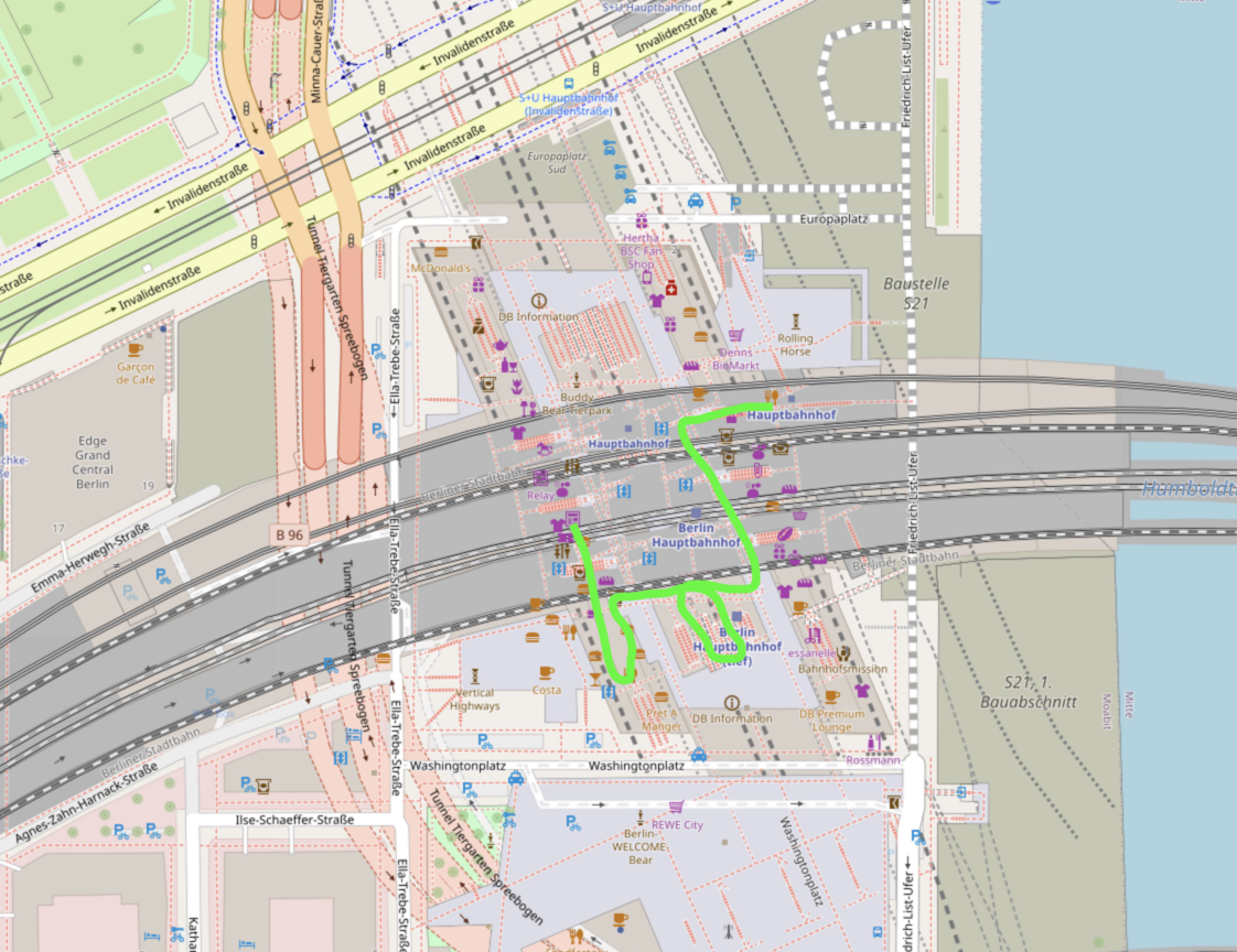 A complicated route between platforms shown from above